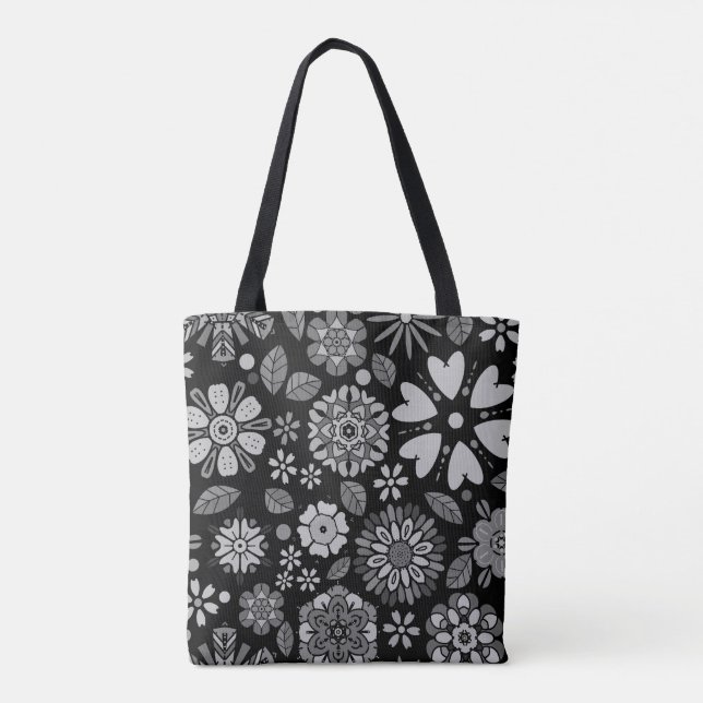 Bolso De Tela Black And Gray Retro Floral Art Seamless Pattern (Reverso)