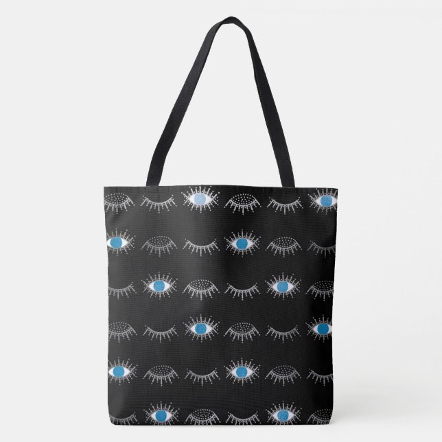 Bolso De Tela Black and Silver Blue Evil Eye Eyelashes Nazar Mat (Anverso)