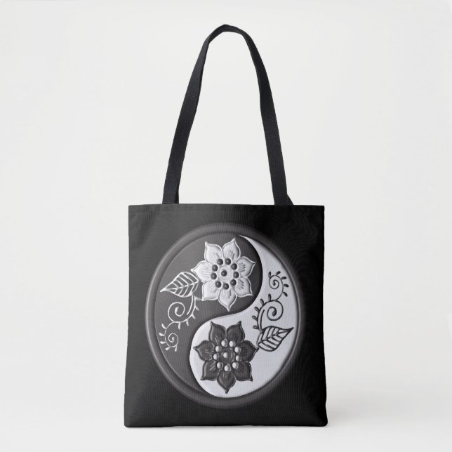 Bolso De Tela Black and Silver Floral Yin Yang (Anverso)