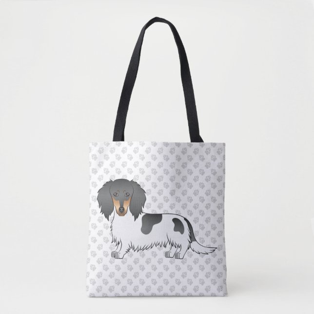 Bolso De Tela Black And Tan Piebald Long Hair Dachshund & Paws (Anverso)