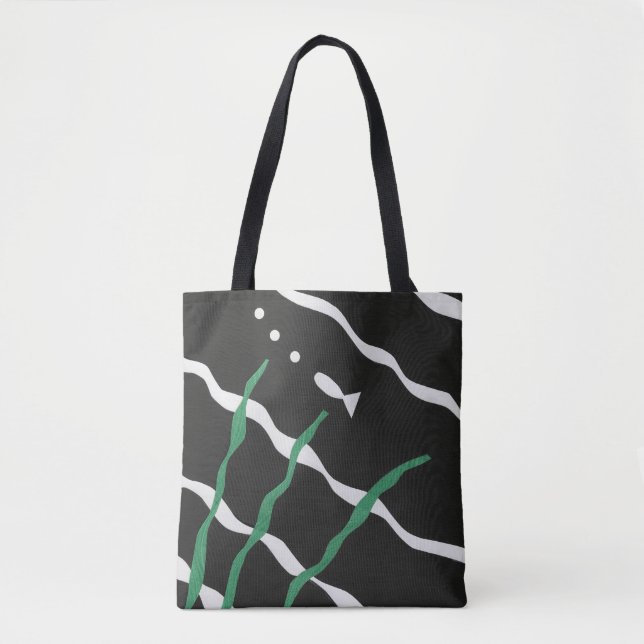 Bolso De Tela Black and White Fish with bubbles and seaweed (Anverso)