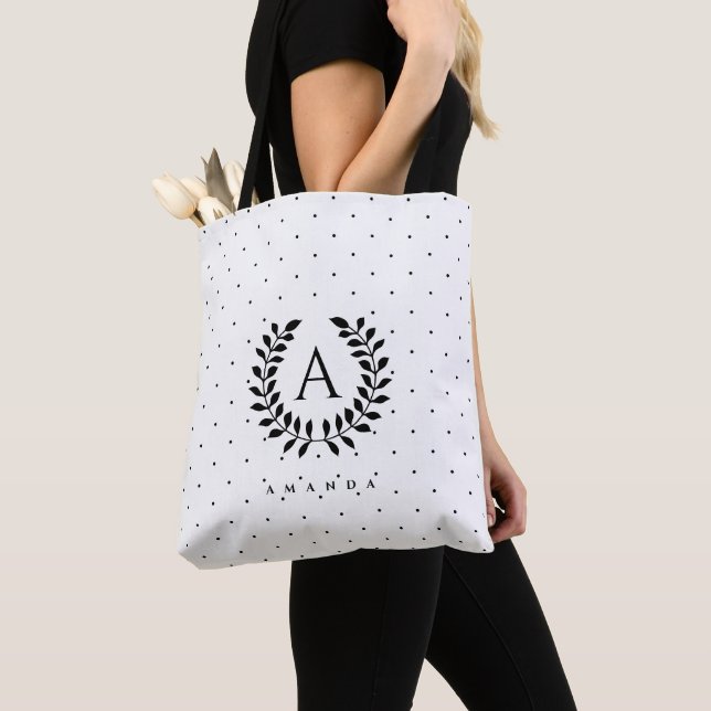Bolso De Tela Black And White Laurel Monogram Polka Dot Pattern (Detalle)