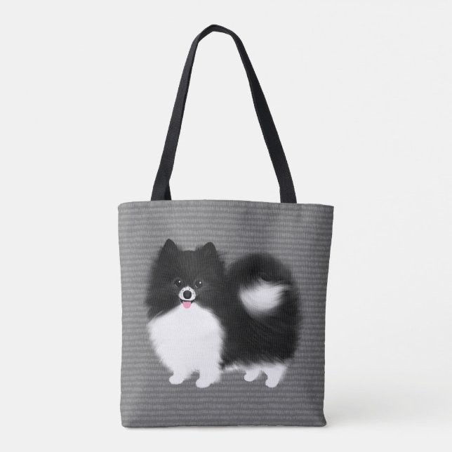 Bolso De Tela Black and White Pomeranian Cartoon Dog (Reverso)