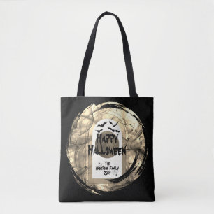 Bolso De Tela Black and White Spoky Bats Moon Happy Halloween