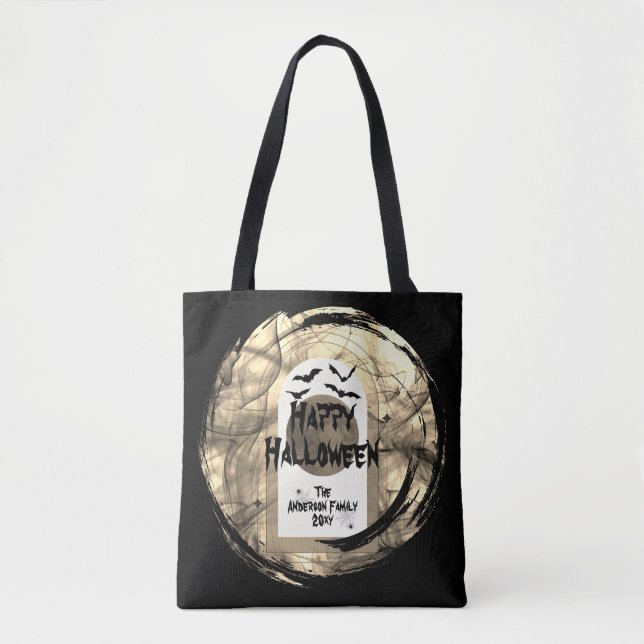 Bolso De Tela Black and White Spoky Bats Moon Happy Halloween (Anverso)