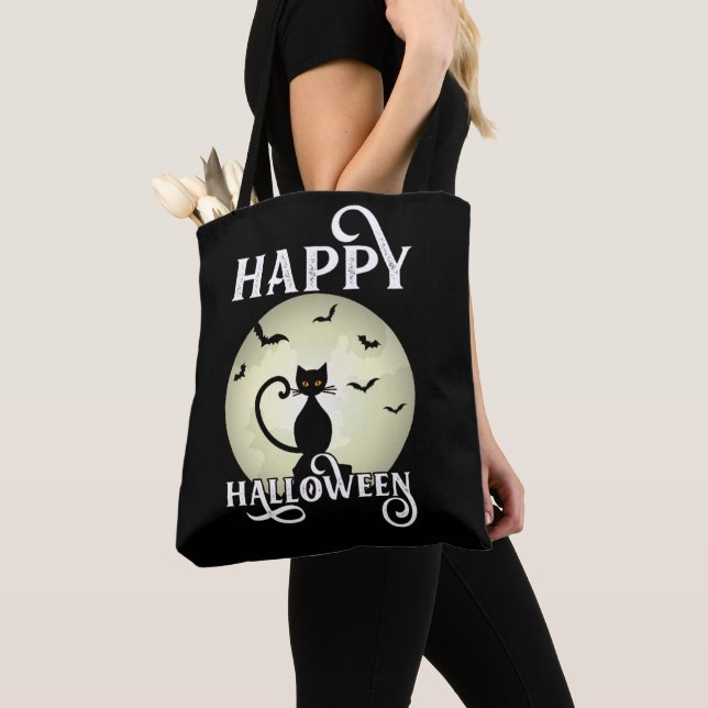Bolso De Tela Black Cat Full Moon Bats Happy Halloween (Detalle)