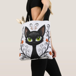 Bolso De Tela Black Cat Green Eyes Filigree Design