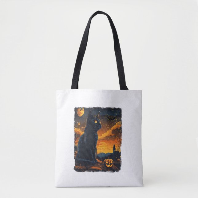 Bolso De Tela Black Cat Starry Night Van Gogh Pumpkins Bats Hall (Anverso)