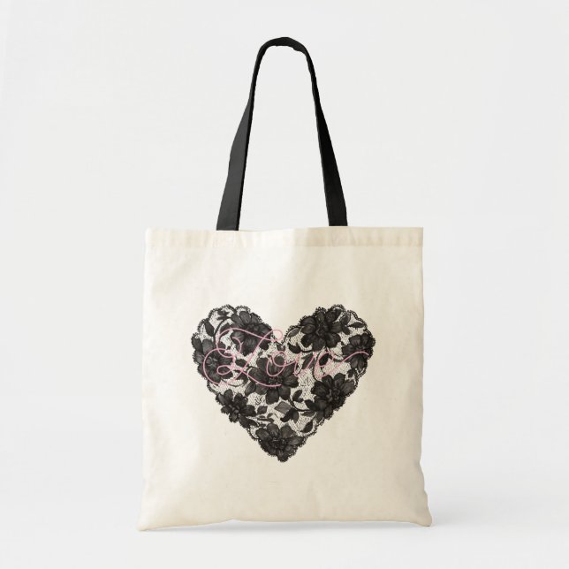 Bolso De Tela Black Faux Lace Heart Floral (Frente)