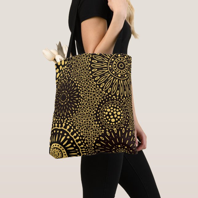 Bolso De Tela Black Gold Ethnic Floral Pattern Tote Bag (Detalle)