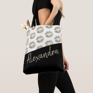 Bolso De Tela Black Gold Lips Kiss Patrón moderno personalizado