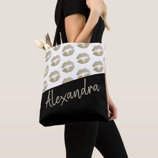 Bolso De Tela Black Gold Lips Kiss Patrón moderno personalizado (Detalle)