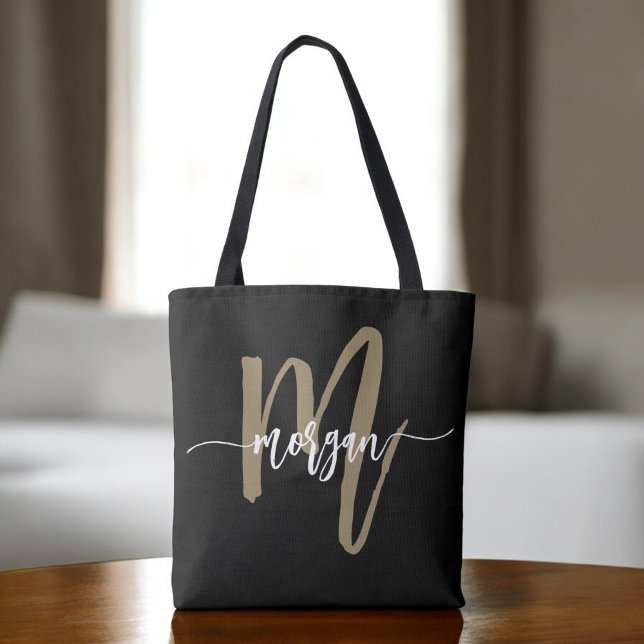 Bolso De Tela Black Gold Modern Script Girly Monograma Nombre (Subido por el creador)