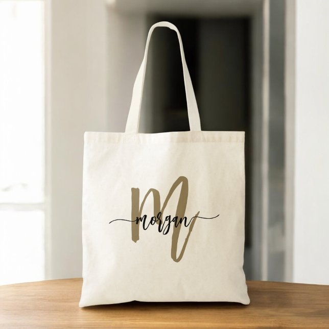 Bolso De Tela Black Gold Modern Script Monograma Nombre (Subido por el creador)