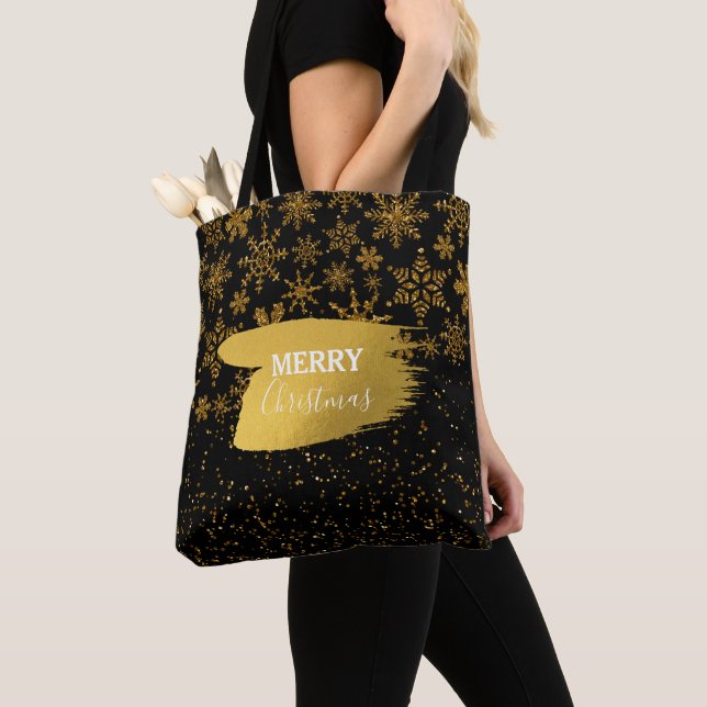Bolso De Tela Black & Gold Snowflakes Stars Feliz Navidad (Detalle)
