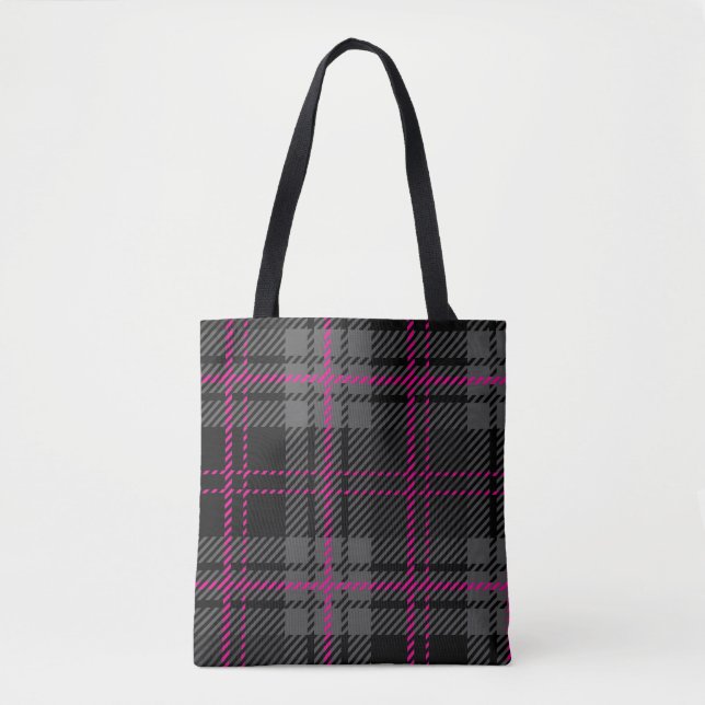 Bolso De Tela Black Gray and Pink Tartan Print Plaid Scottish (Anverso)