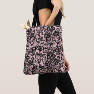 Bolso De Tela Black Lace en Rubor Pink Tote Bag