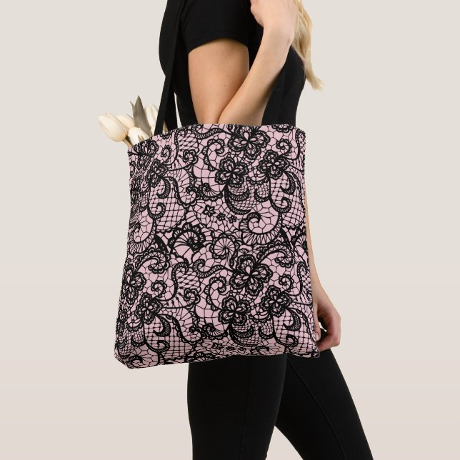Bolso De Tela Black Lace en Rubor Pink Tote Bag (Detalle)