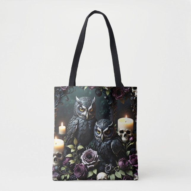 Bolso De Tela Black Owls Skull and Candles (Anverso)