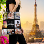 Bolso De Tela Black photo collage monogram name<br><div class="desc">A unique gift for a birthday, Christmas, mother's day, celebrating her life with a collage of 8 of your own photos, pictures. Personalize and add her name and monogram letter. A stylish black background. The name is written with a modern hand lettered style script. Can also be used great treat...</div>