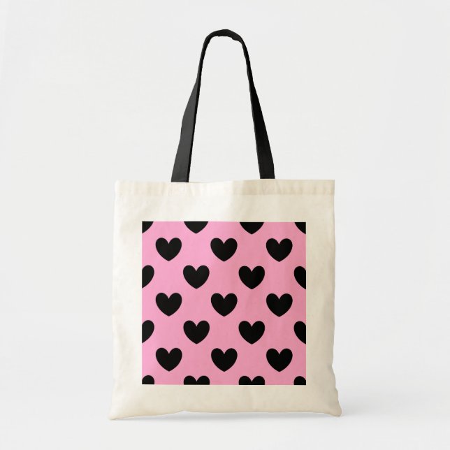 Bolso De Tela Black polka hearts on cotton candy pink (Frente)
