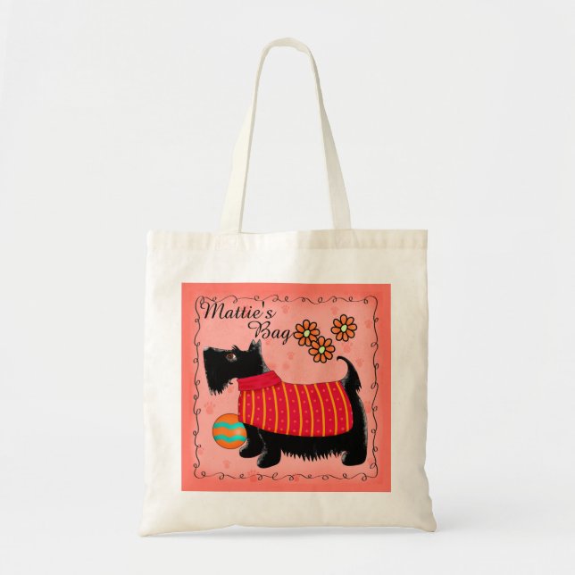 Bolso De Tela Black Scottie Terrier Dog Name Personalized Red (Frente)