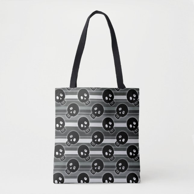 Bolso De Tela Black Skulls on Black White Stripe Pattern (Anverso)