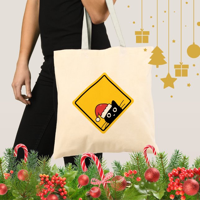 Bolso De Tela Black Sneaky Santa Cat U.S. Warning Sign (Subido por el creador)