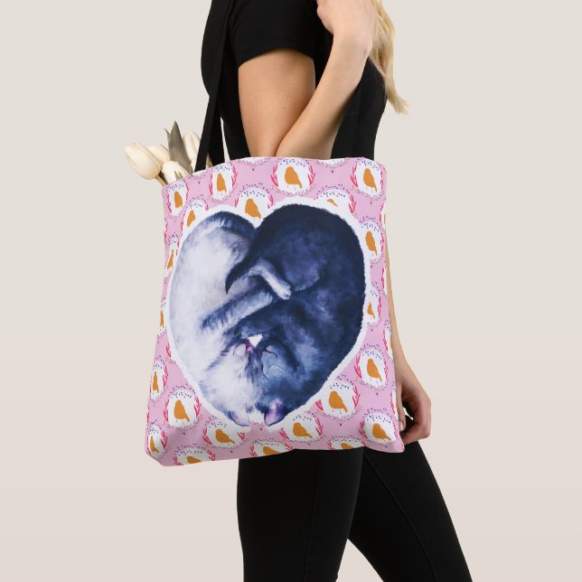Bolso De Tela Black White Cat Bird Love Watercolor (Detalle)