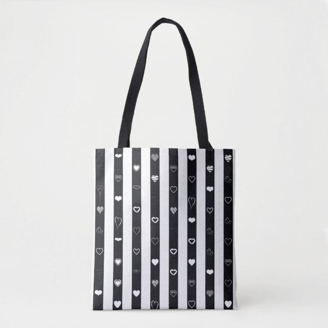 Bolso De Tela Black White Stripes Modern Heart Pattern (Anverso)