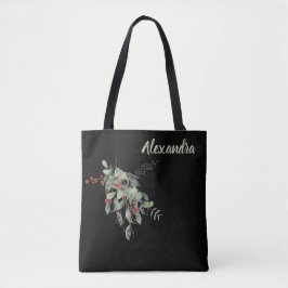 Bolso De Tela Black with Watercolor Leaves & Berries Named
