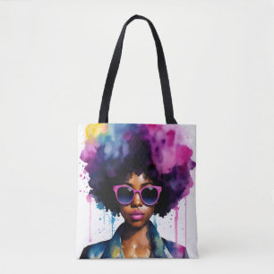 Bolso De Tela Black Woman Afro Hair y gafas de sol Arco iris