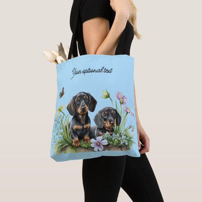 BOLSO DE TELA BLACK Y TAN DACHSHUND PUPPIES TOTE BAG (Detalle)