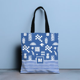 Bolso De Tela Blanco Azul Abstracto Geométrico Floral Monograma