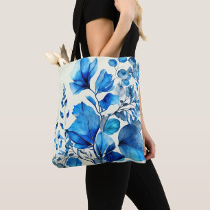 BOLSO DE TELA BLANCO CON FLORES AZULES DE COLOR AGUA BONITO