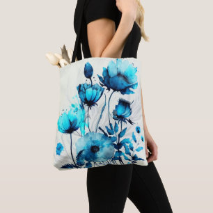 BOLSO DE TELA BLANCO CON FLORES AZULES DE COLOR AGUA BONITO