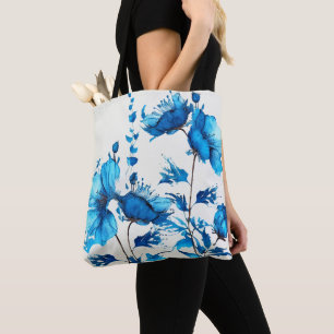 BOLSO DE TELA BLANCO CON FLORES AZULES DE COLOR AGUA BONITO