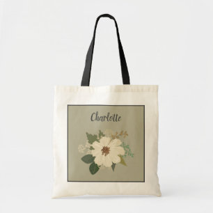 Bolso De Tela Blanco Elegante Flor Nombre Personalizado Damas de