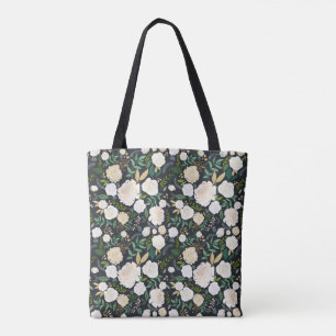 Bolso De Tela Blanco en la medianoche negra del jardín floral