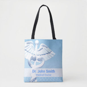 Bolso De Tela Blanco Médico Caduceo Azul Diseño 3D