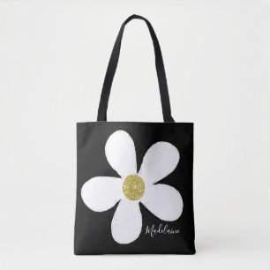 Bolso De Tela Blanco negro simple margarita dorada personal
