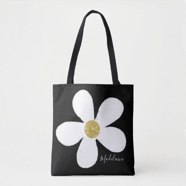 Bolso De Tela Blanco negro simple margarita dorada personal (Anverso)