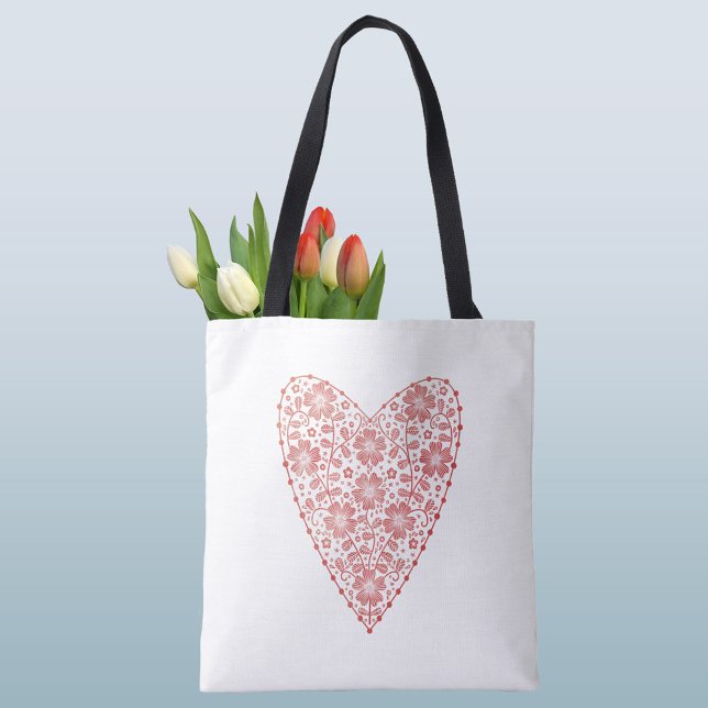 Bolso De Tela Blanco Rojo Escandinavo Corazón (Scandinavian red and white heart tote bag)