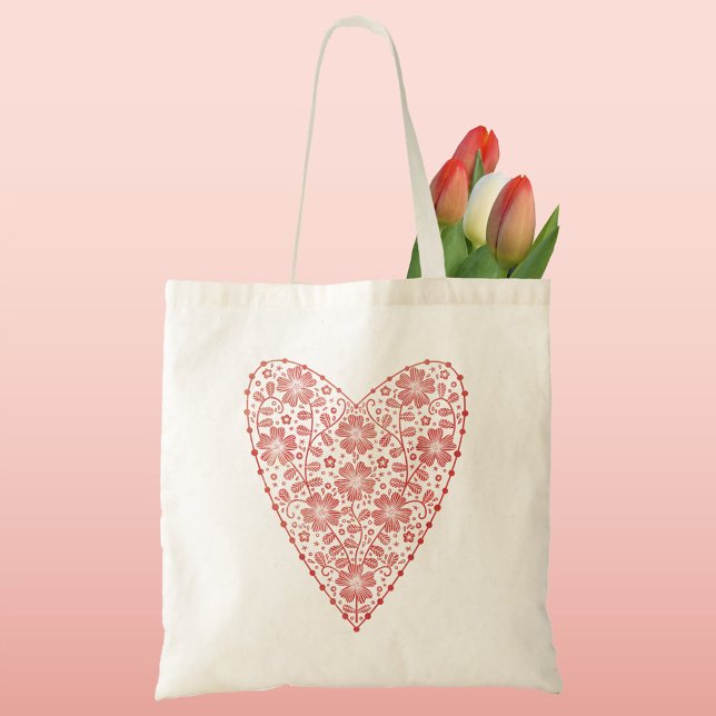 Bolso De Tela Blanco Rojo Escandinavo Corazón (Scandinavian floral heart red and white tote bag)
