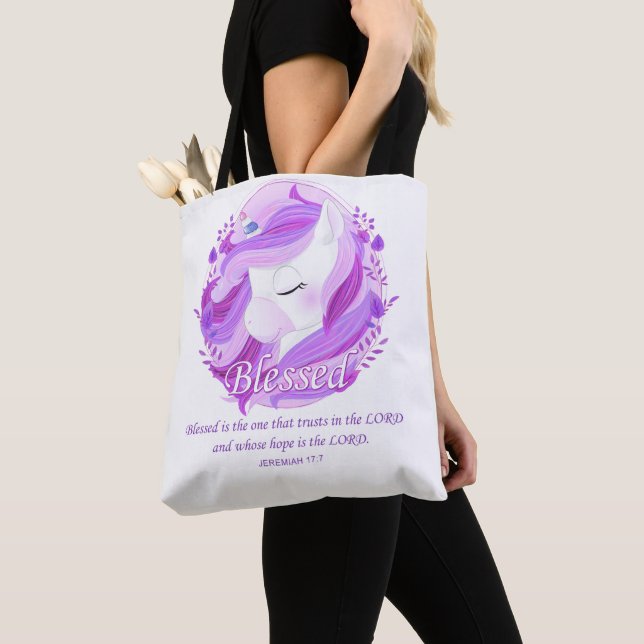 Bolso De Tela Blessed Bible Verse: Christian Unicorn de mujeres (Detalle)