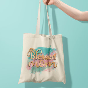 Bolso De Tela Blessed Mom Verde azulada Pink and Gold Purpurina 