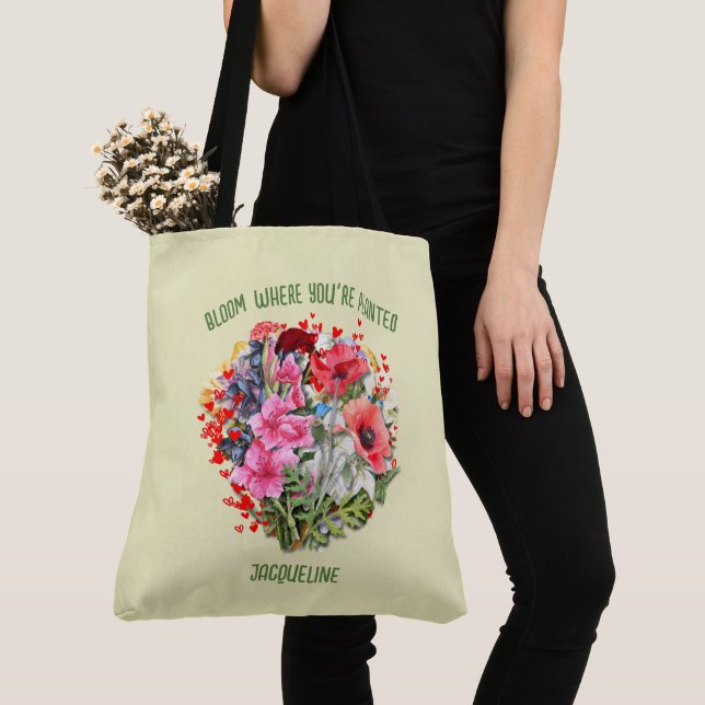 Bolso De Tela BLOOM cristiano DONDE ESTÁS PLANTADO Floral amaril (Detalle)
