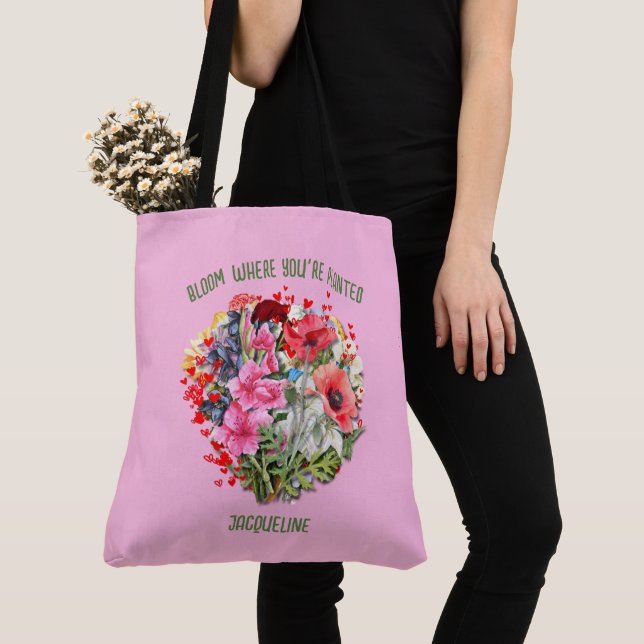 Bolso De Tela BLOOM cristiano DONDE ESTÁS PLANTADO Floral rosa (Detalle)