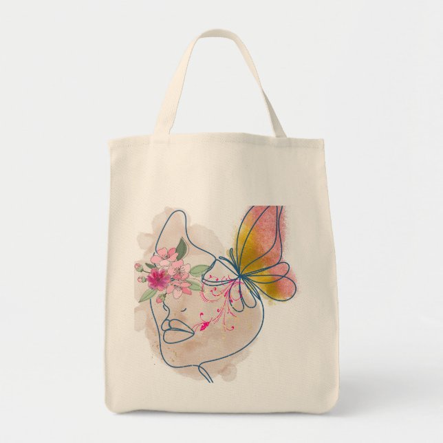 Bolso De Tela Bloom de mariposa - Resumen de arte facial floral (Frente)