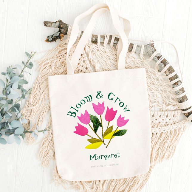 Bolso De Tela Bloom floral retro y primavera personalizada más s (These bright retro tulips are  my own original cut paper art. It's paired with vintage typography.)